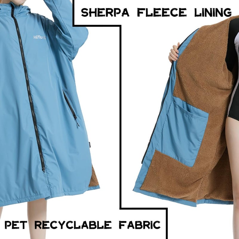 Hiturbo Warm Waterproof Swim Parka: Oversized Hooded Changing Robe - Sherpa Liner Swimming Coat - Recycled Fabric Surf Poncho (Blue) - Image 3